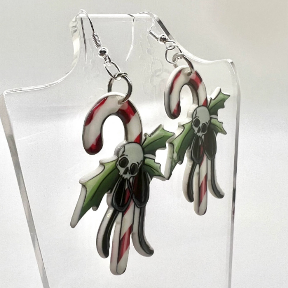 Skull Candy Cane Earrings - Christmas Earrings - Halloween Earrings - Goth Earri - Picture 2 of 7